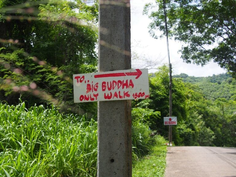 A walking direction sign on a pole for the Big Buddha Temple