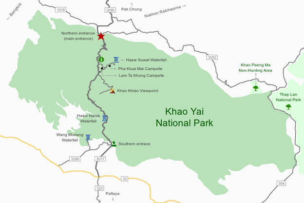 A map of Khao Yai National Park in Thailand