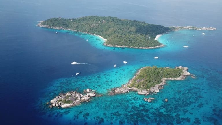 Aerial view of Similan Island with white boats in the ocean