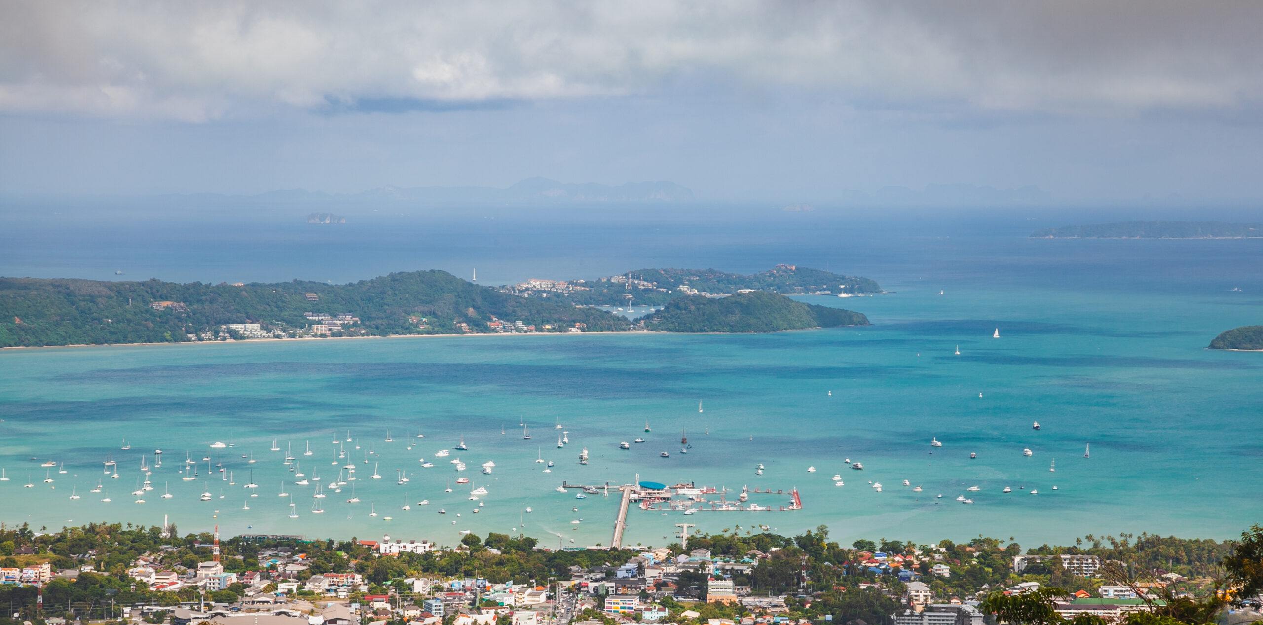 View of ocean, islands, city, sky from the Big Buddha, Phuket, Thailand