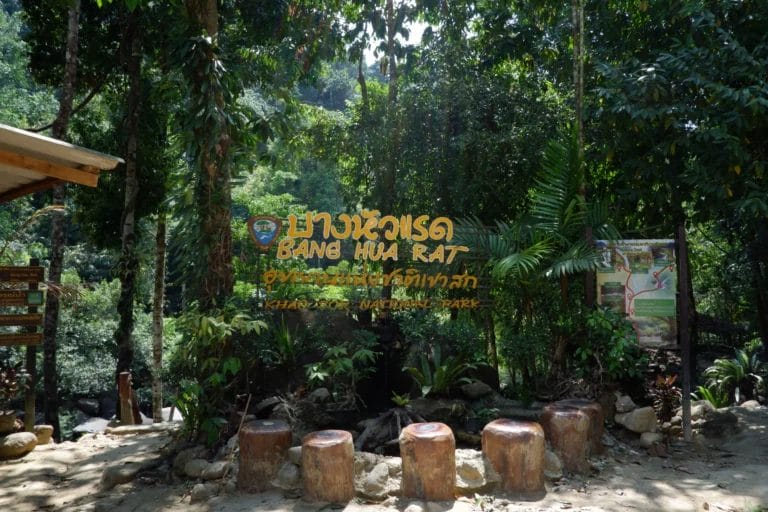 bang-hua-rat-waterfall sign in Khao Sok National Park in Thailand