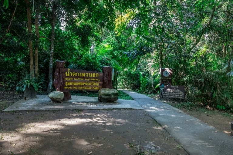 A sign for Haew Narok Waterfall Trail in Khao Yai National Park-Thailand