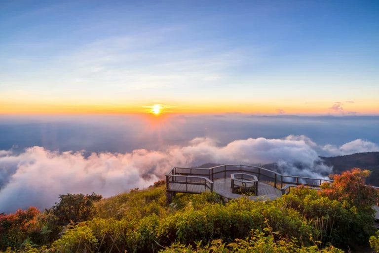 Viewpoint on top of mountain with cloud and sunset-at Kew Mae Pan Nature Trail-Doi Inthanon National Park